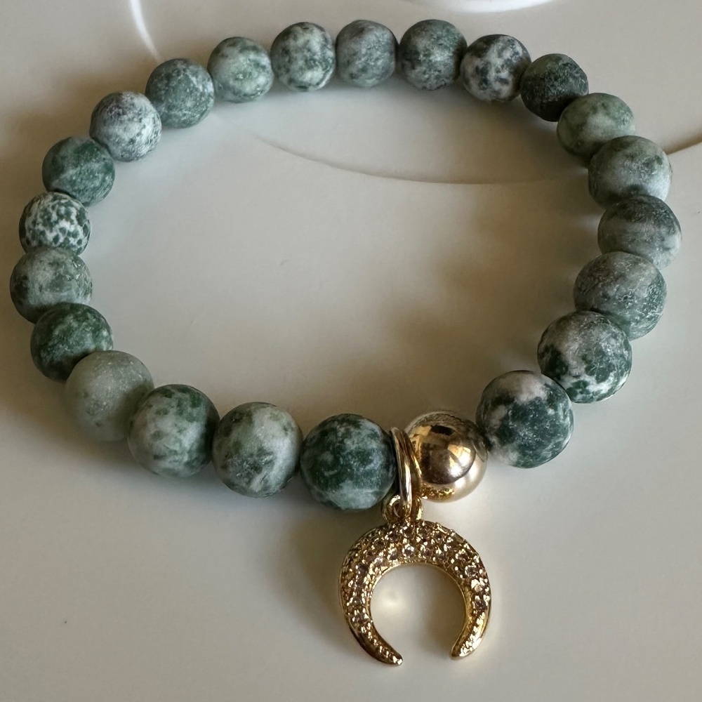 Moss Agate Bracelet | 8mm Matte Beads | 14K Gold Filled & Pavé Charm | Earthy - Picture 4 of 7